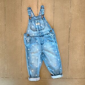OshKosh Toddler Girls’ Heart-Print Blue Denim/Blue Jean Overalls • Size 3T